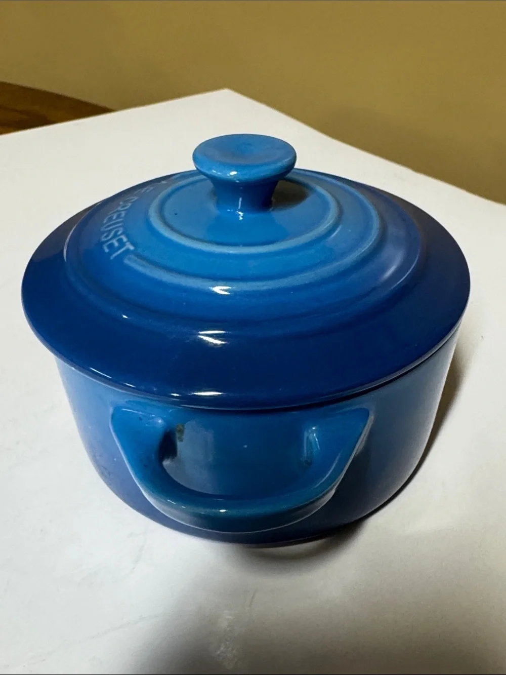 Le Creuset Mini Round Cocotte Marseille Blue Stoneware with Lid 8 oz